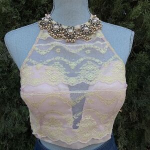 Handmade Lace Floral Halter Crop Top Women's Size Small